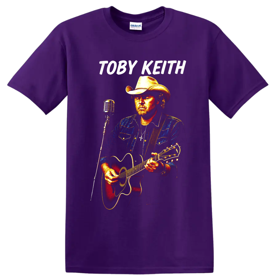 Toby Keith country singer portrait with cowboy hat, acoustic guitar, and vintage on a Purple T Shirt