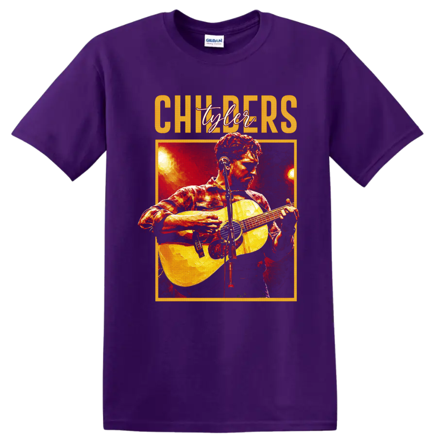 Tyler Childers painterly concert portrait with acoustic guitar and stage lights on a Purple T Shirt