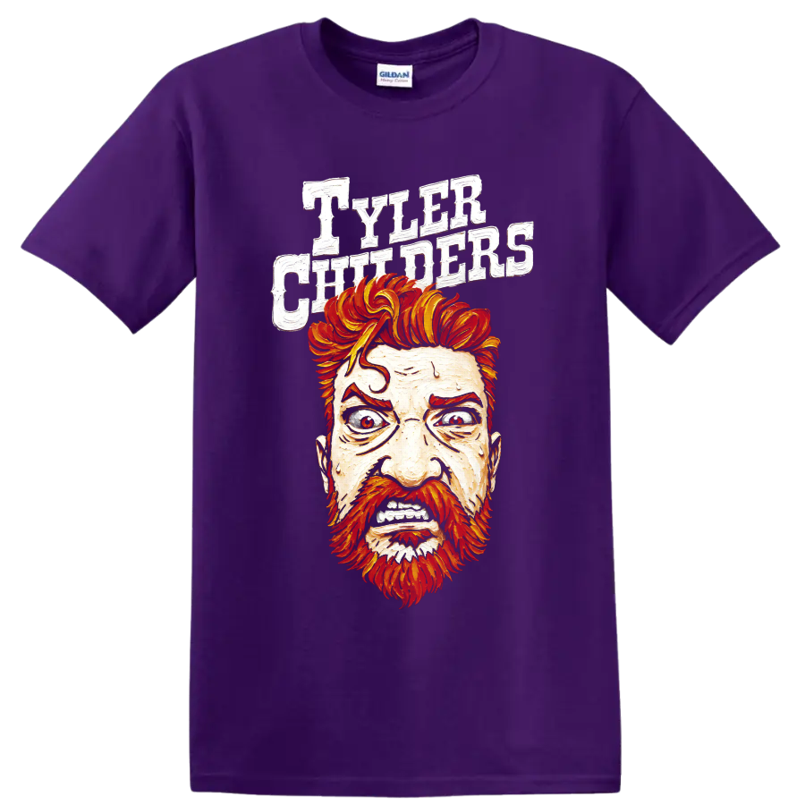 Tyler Childers illustrated portrait with fiery hair and distressed white lettering on a Purple T Shirt