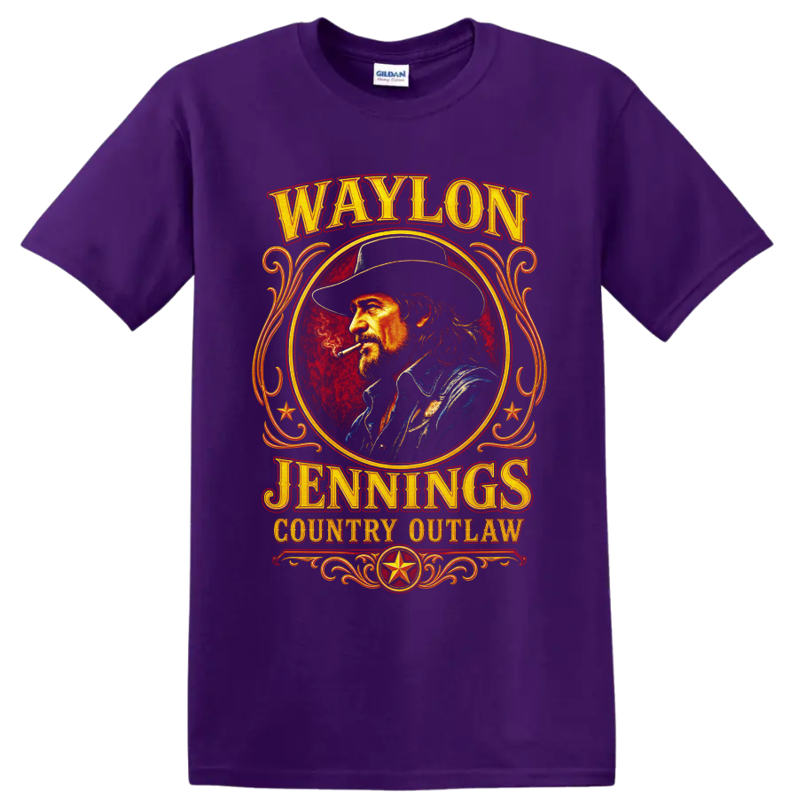 Waylon Jennings country outlaw Western portrait with vintage lettering and gold scrollwork on a Purple T Shirt