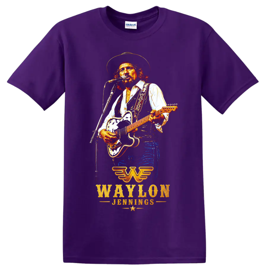 Waylon Jennings performing with guitar in vivid western concert-style artwork on a Purple T Shirt