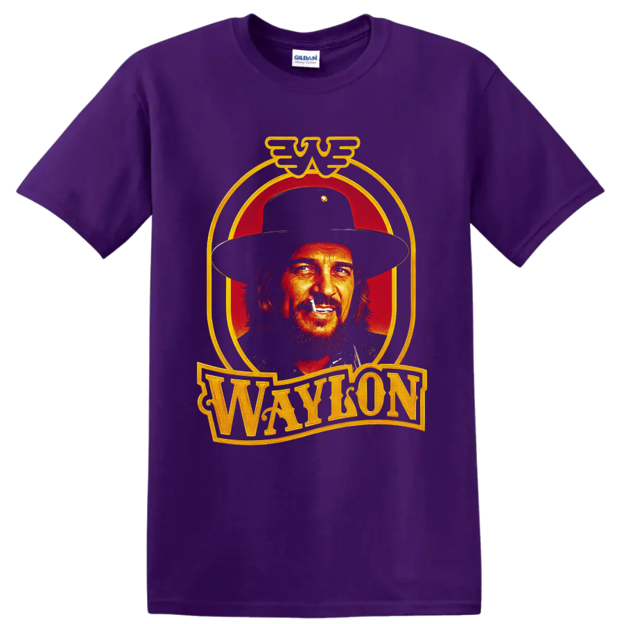 Waylon Jennings western cowboy portrait with red backdrop and gold Waylon lettering on a Purple T Shirt