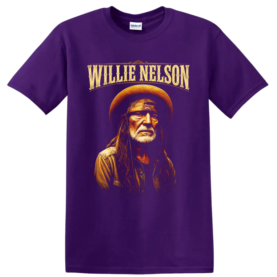 Willie Nelson portrait in western hat and bandana with ornate name lettering on a Purple T Shirt
