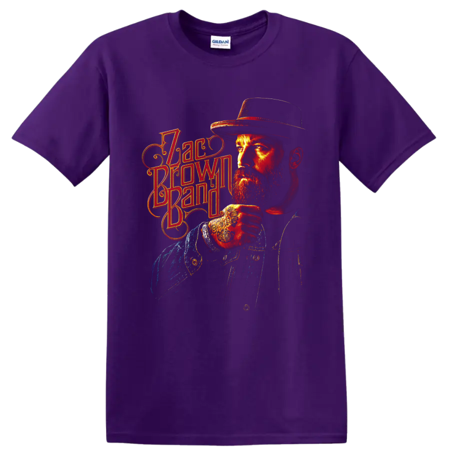 Fiery Zac Brown Band portrait with cowboy hat and ornate vintage lettering on a Purple T Shirt