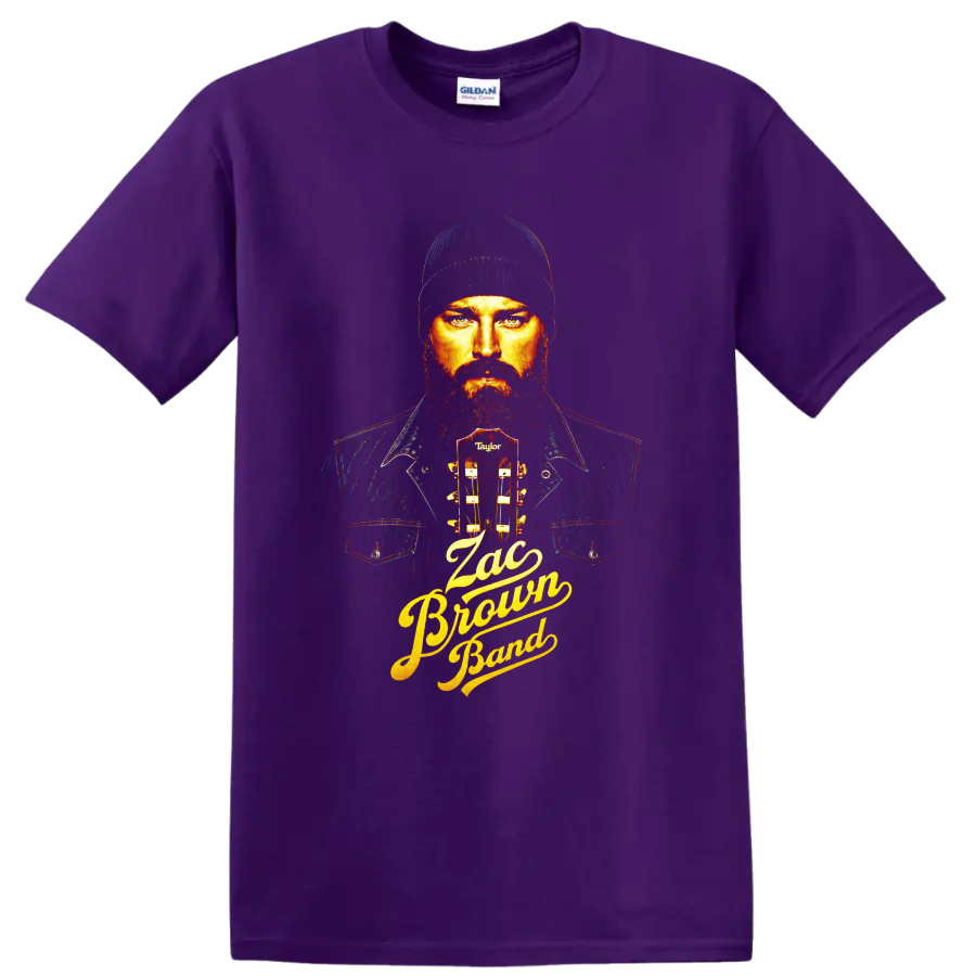 Zac Brown Band bearded guitarist portrait with acoustic guitar and gold script lettering on a Purple T Shirt