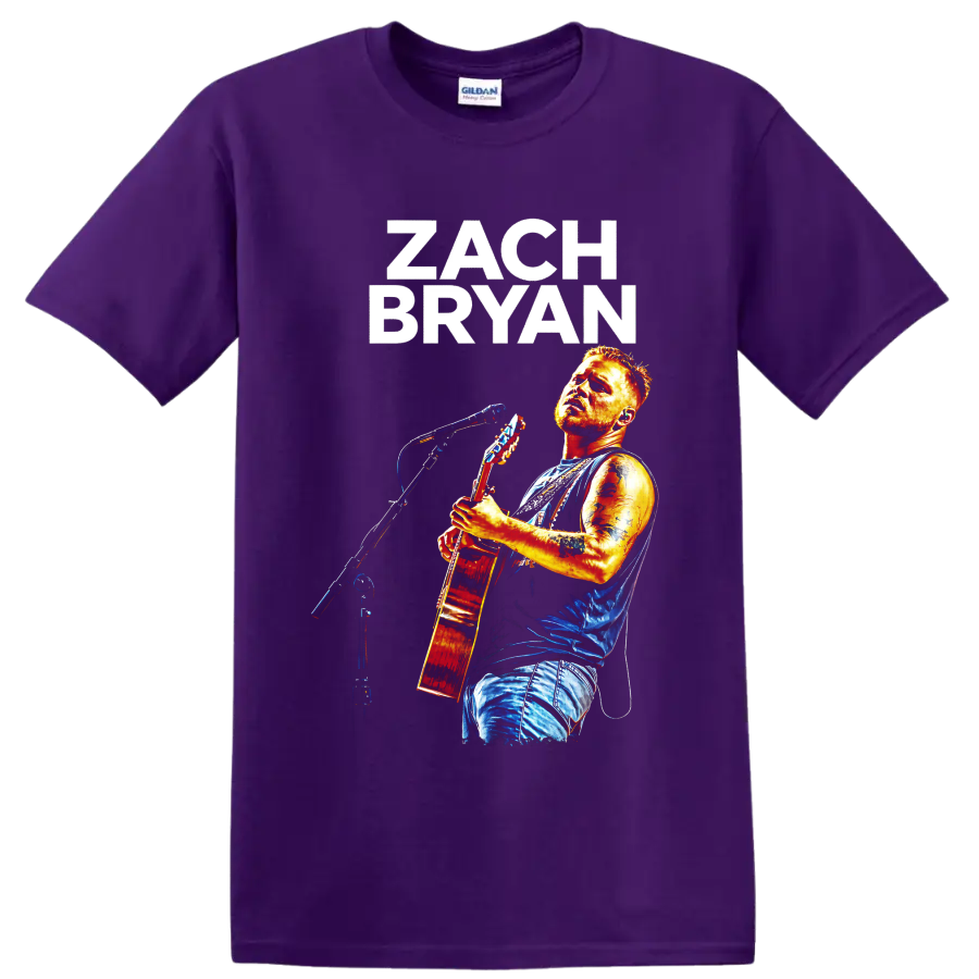 Zach Bryan guitar performance portrait with bold lettering and colorful concert lighting on a Purple T Shirt