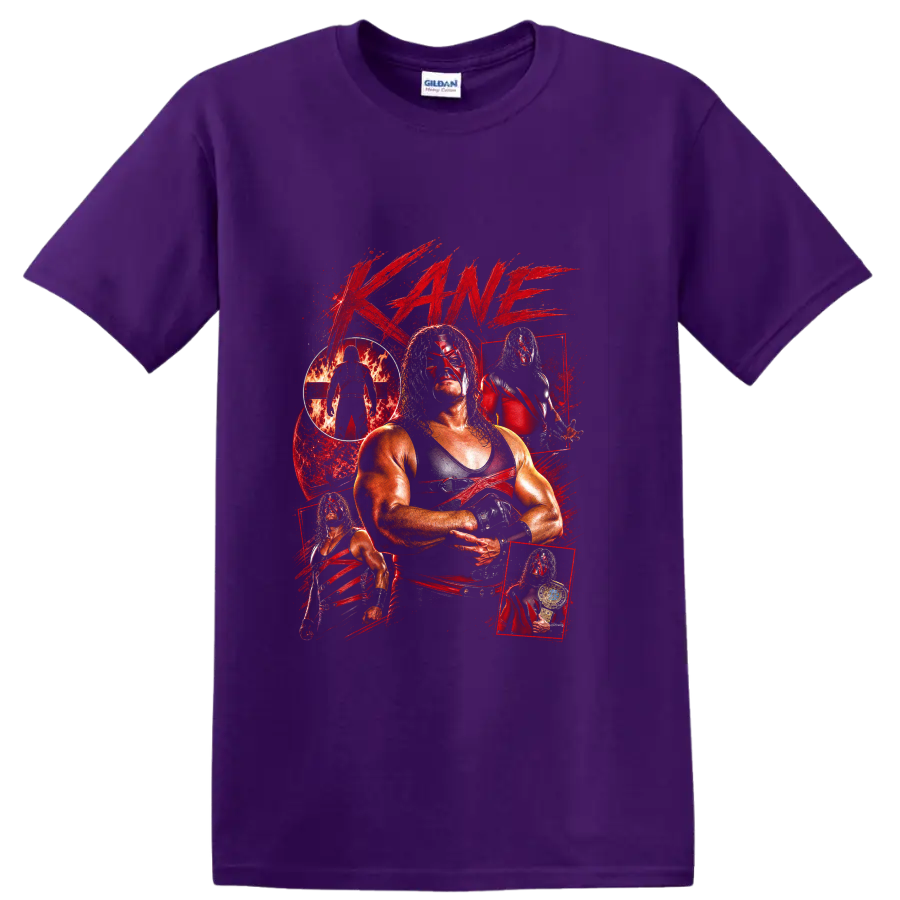 Kane masked wrestler collage with fire, championship belt, and distressed red paint on a Purple T Shirt