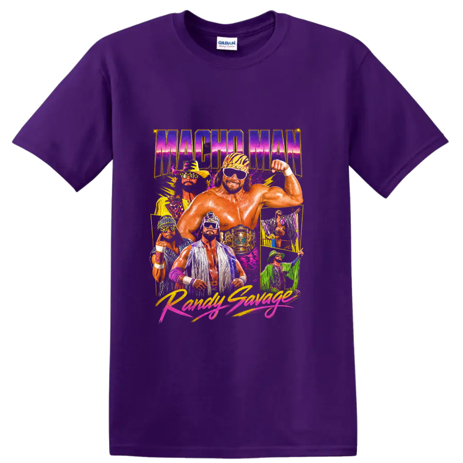 Macho Man Randy Savage retro neon wrestling collage with championship belt on a Purple T Shirt