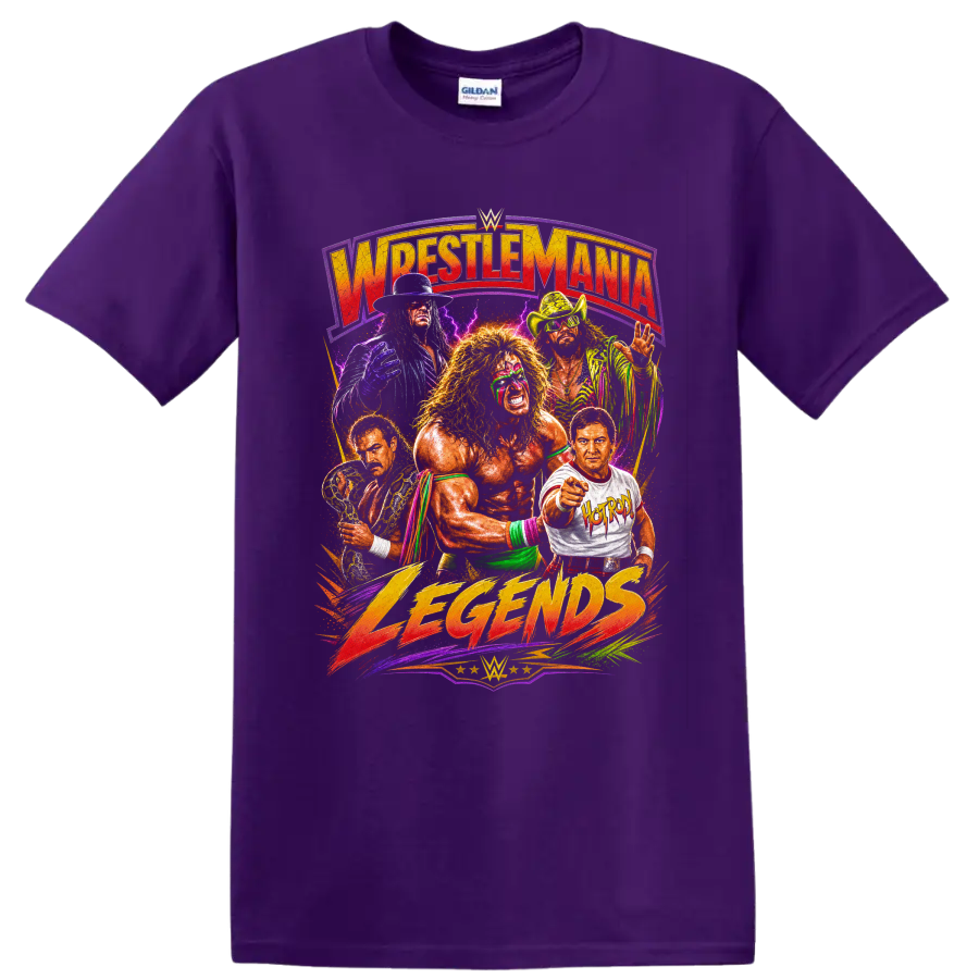 Ultimate Warrior and Macho Man Randy Savage retro wrestling legends collage on a Purple T Shirt
