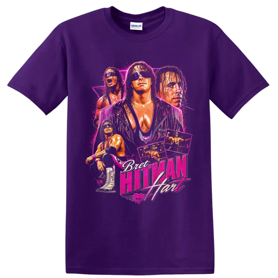 Bret Hart neon pink wrestling portrait collage with sunglasses, action panels, and logo on a Purple T Shirt