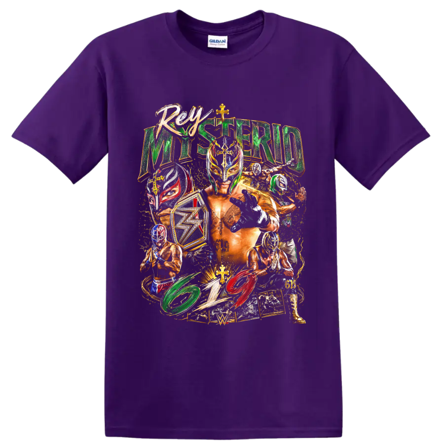 Rey Mysterio lucha libre mask collage with championship belt and 619 artwork on a Purple T Shirt