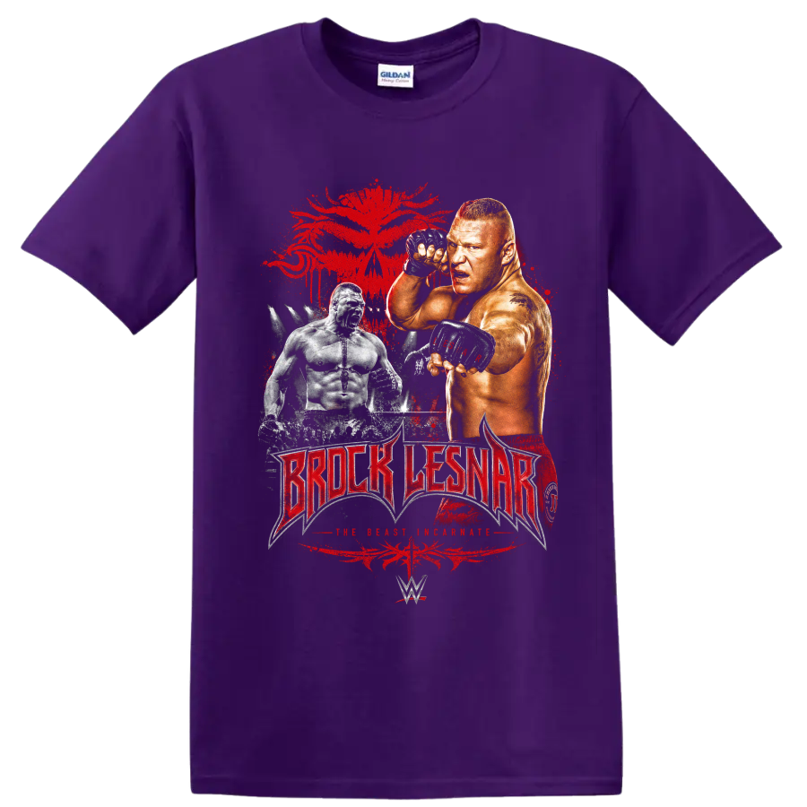 Brock Lesnar fighter portrait with distressed red splatter and wrestling lettering on a Purple T Shirt
