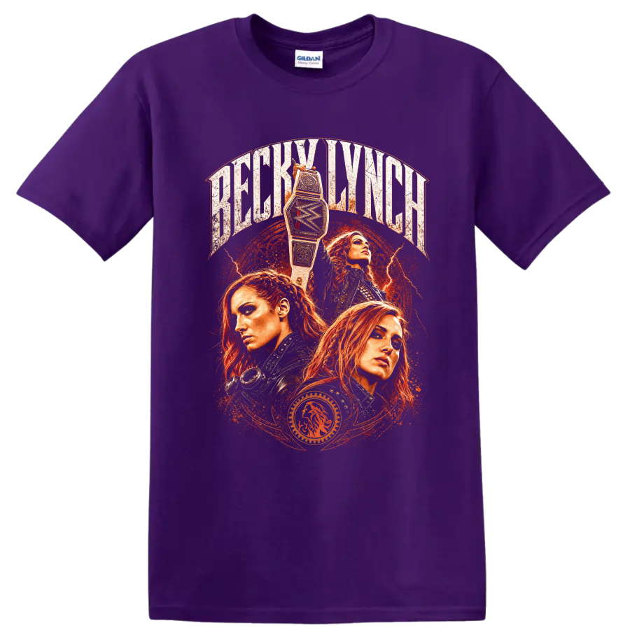 Becky Lynch three-portrait wrestling collage with championship belt and distressed on a Purple T Shirt
