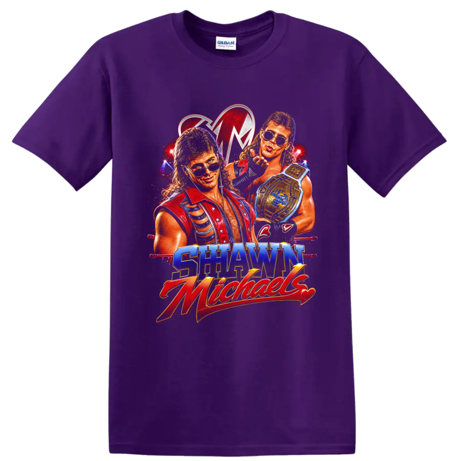 Shawn Michaels retro wrestling portraits with championship belt and arena lights on a Purple T Shirt
