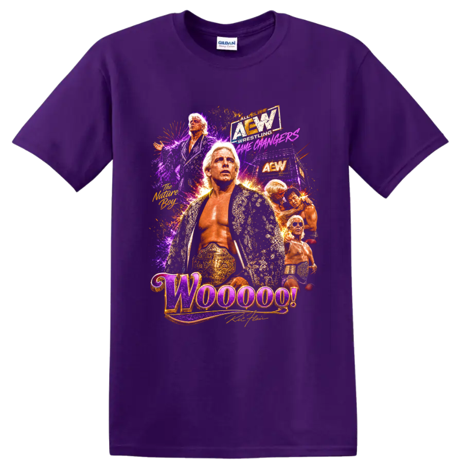 Ric Flair Nature Boy wrestling collage with championship belt, robe, and Woooo! text on a Purple T Shirt
