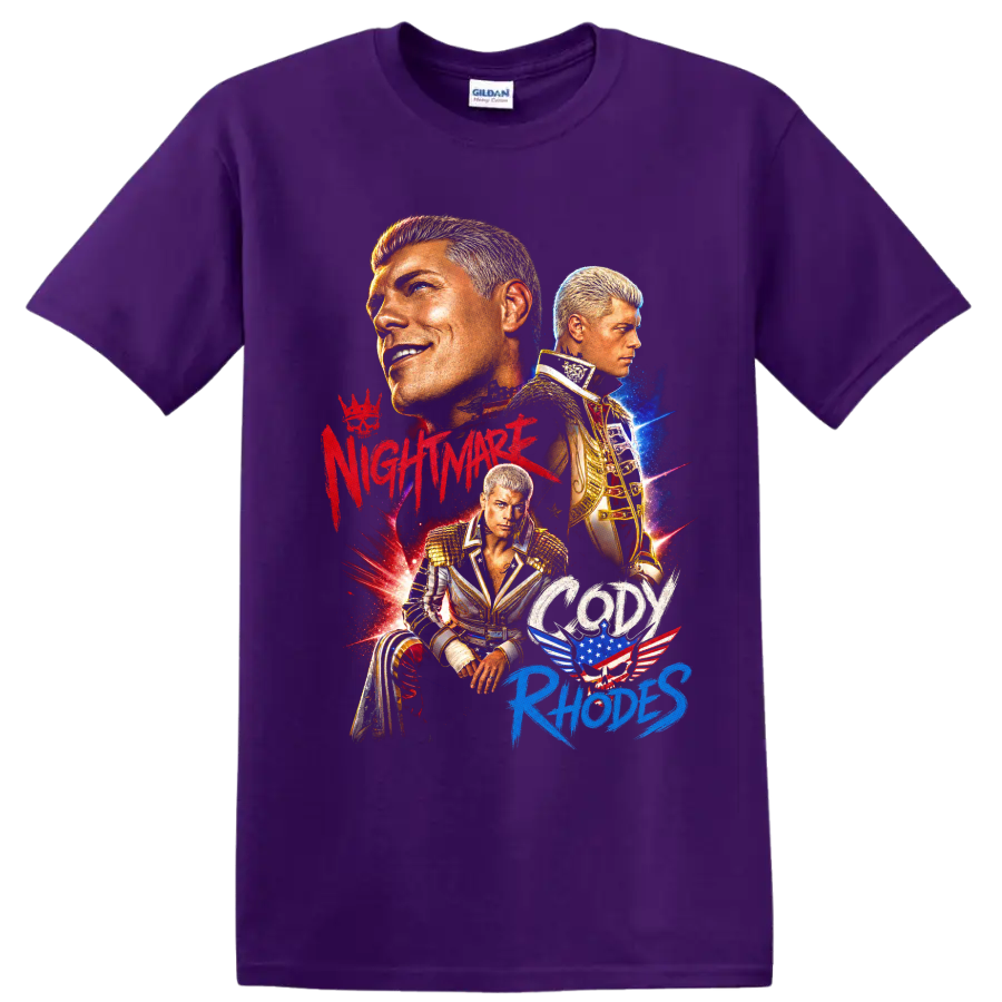 Cody Rhodes wrestling portrait collage with gold gear, stars, and patriotic graphic on a Purple T Shirt