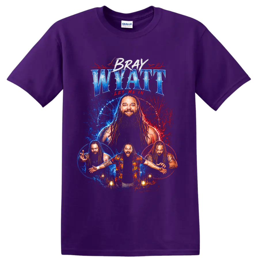 Bray Wyatt red and blue horror portrait collage with lanterns and Let Me In text on a Purple T Shirt