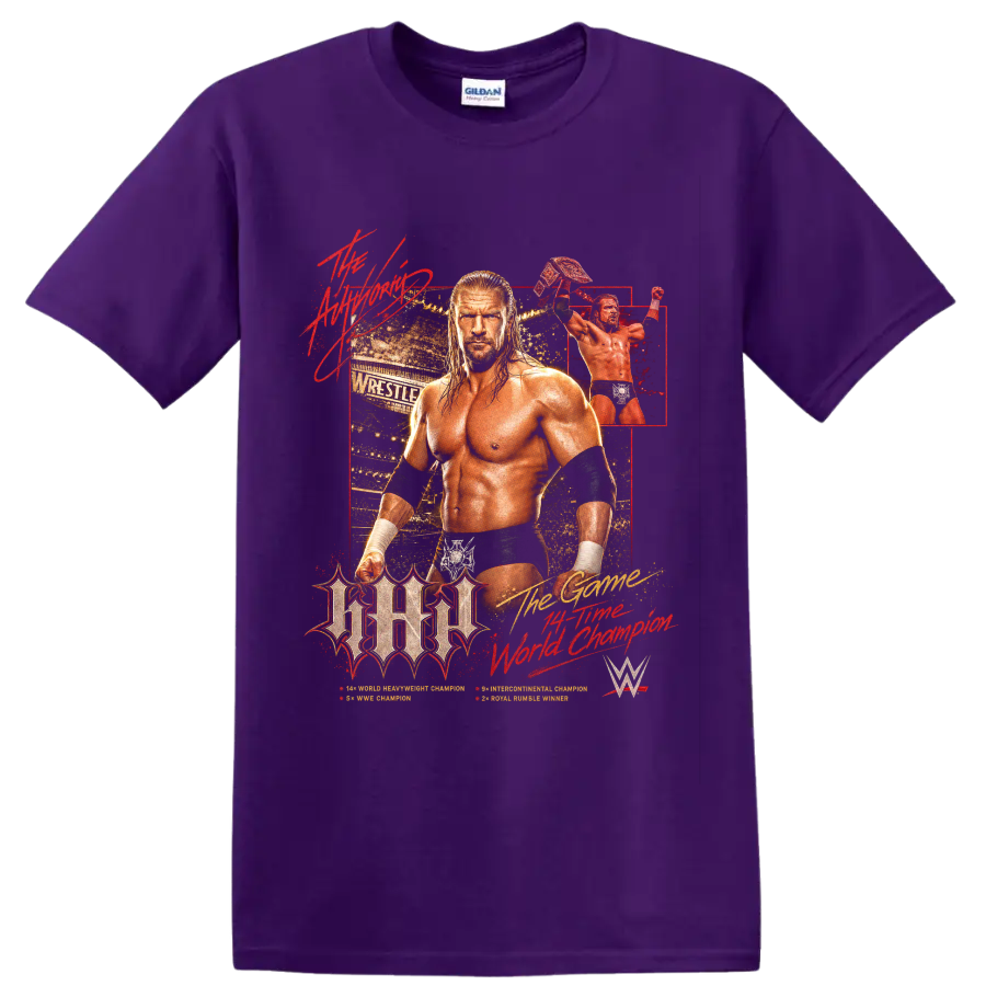 Triple H championship wrestling portrait with arena collage and raised title belt on a Purple T Shirt