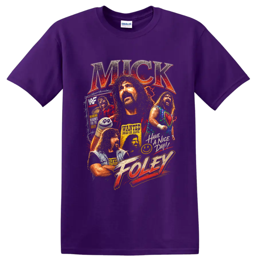 Mick Foley distressed wrestling portrait collage with lightning, poster art, and bold on a Purple T Shirt