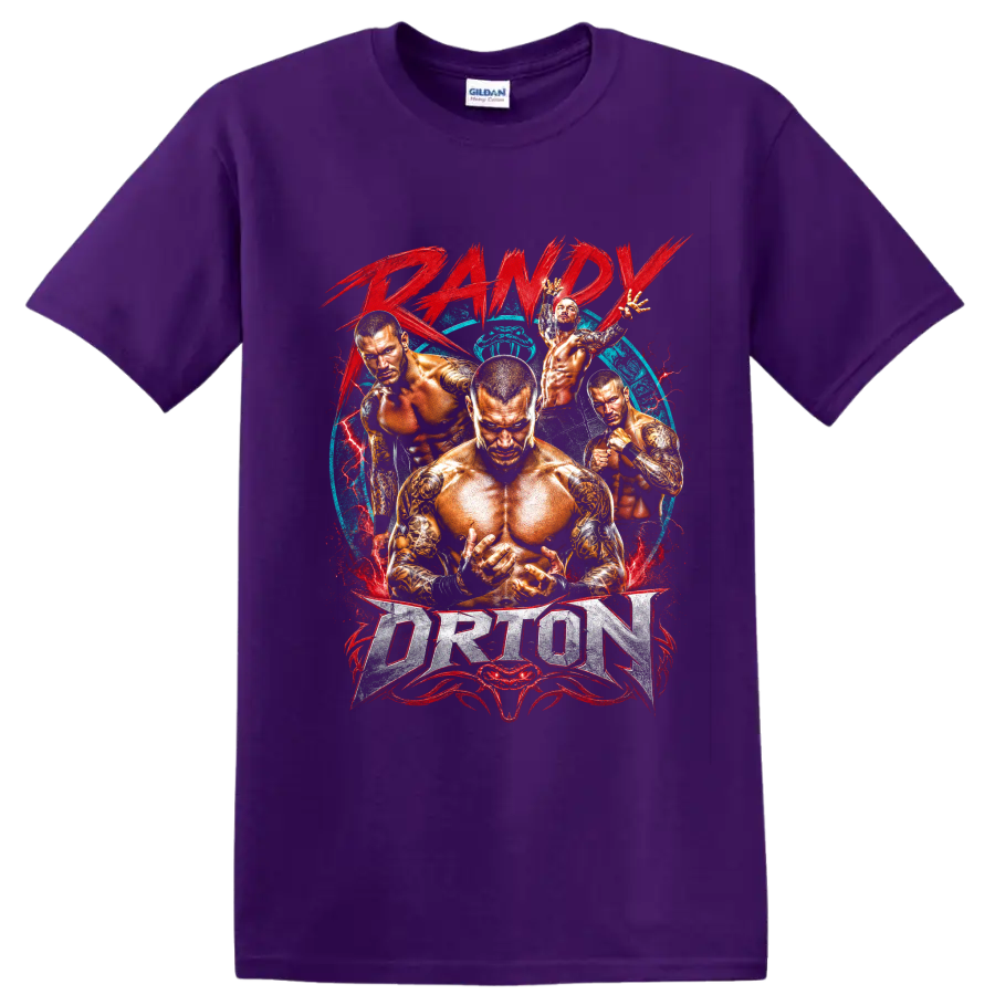 Randy Orton wrestling action collage with red lightning, blue backdrop, and bold lettering on a Purple T Shirt