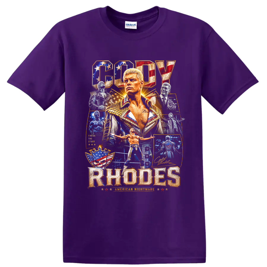 Cody Rhodes American Nightmare patriotic wrestling portrait collage with arena action on a Purple T Shirt