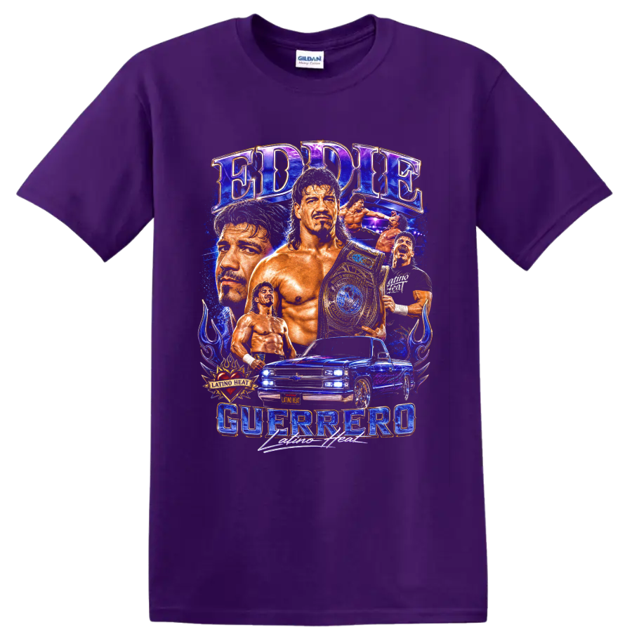 Eddie Guerrero Latino Heat wrestling collage with championship belt and lowrider truck on a Purple T Shirt