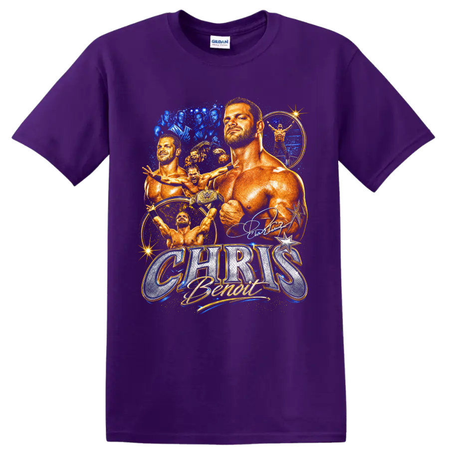 Chris Benoit wrestling collage with action poses, championship belt, and blue gold on a Purple T Shirt