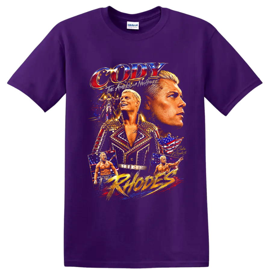 Cody Rhodes American Nightmare wrestling collage with ring portraits, stars, and gold on a Purple T Shirt