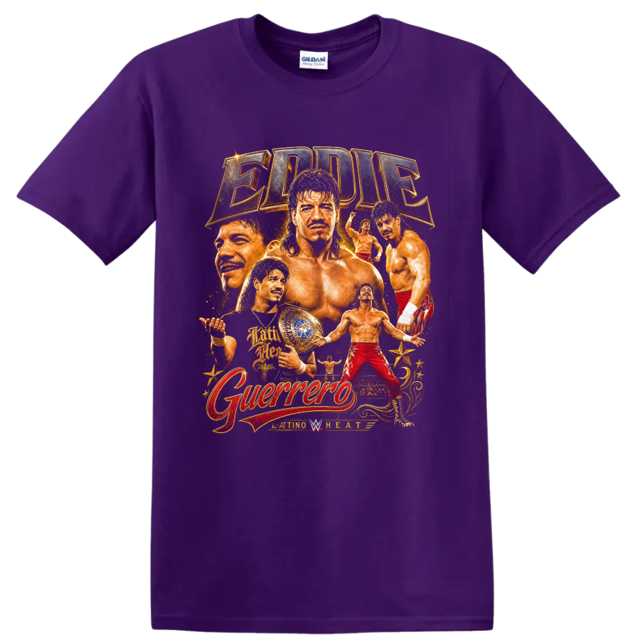 Eddie Guerrero wrestling portrait collage with championship belt and Latino Heat lettering on a Purple T Shirt