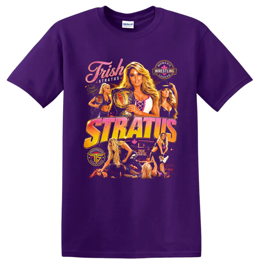 Trish Stratus retro wrestling collage with championship belt and STRATUS lettering on a Purple T Shirt