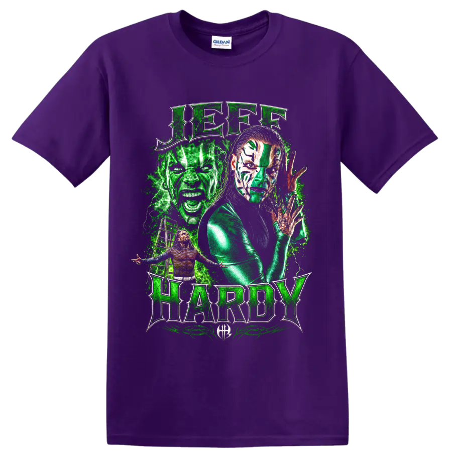 Jeff Hardy green face paint wrestling portrait with lightning and metallic lettering on a Purple T Shirt