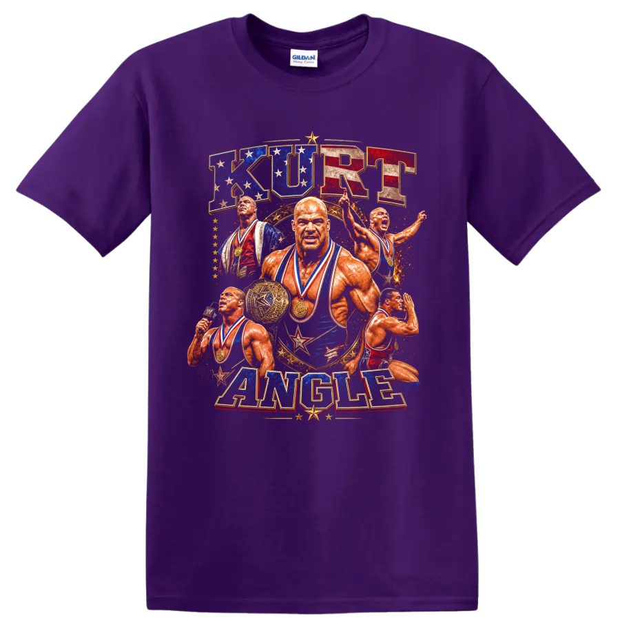 Kurt Angle patriotic wrestling collage with Olympic medals, stars, belt, and retro on a Purple T Shirt