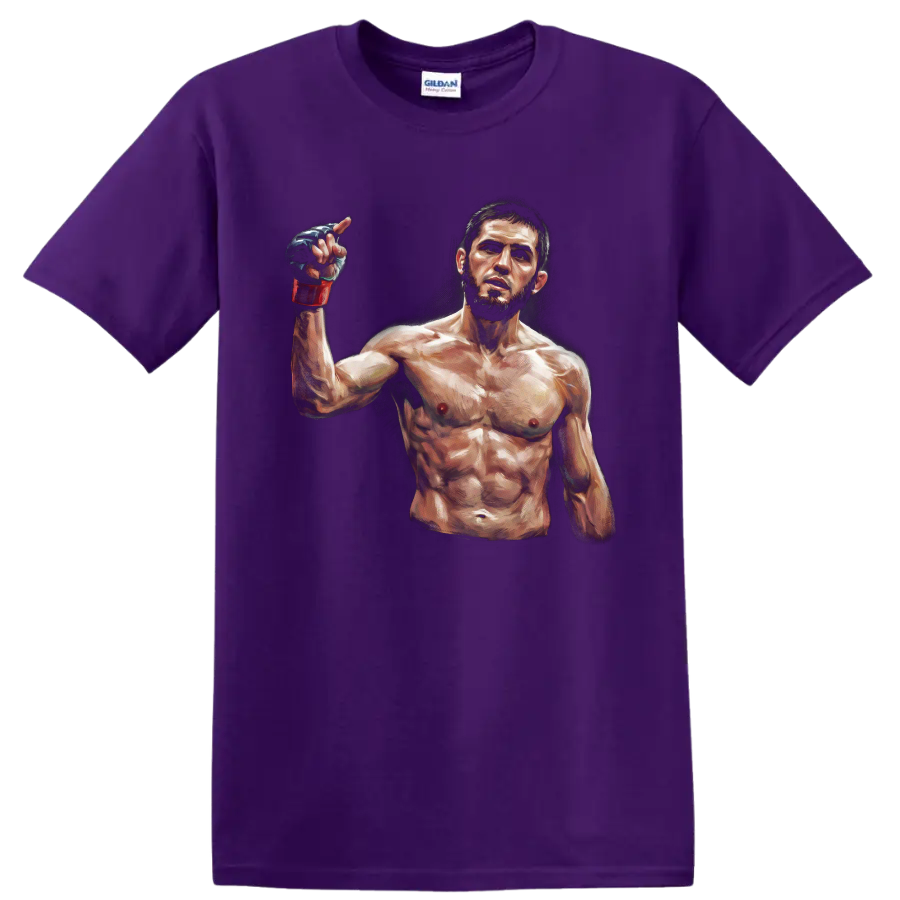 Khabib Nurmagomedov painted MMA fighter portrait with raised gloved hand on a Purple T Shirt