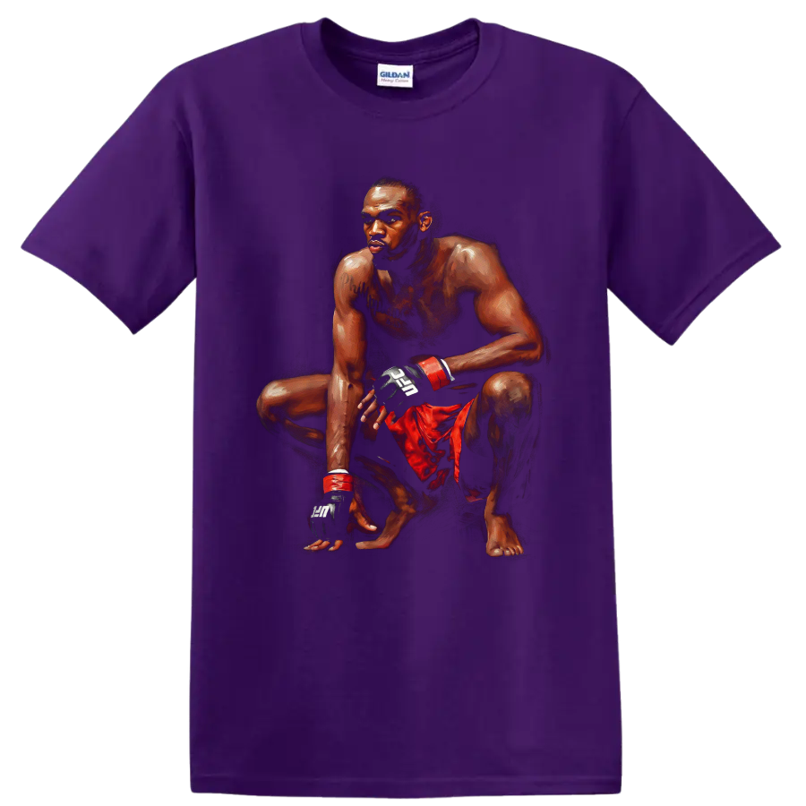 Painted Jon Jones crouching MMA fighter portrait in red shorts and black gloves on a Purple T Shirt