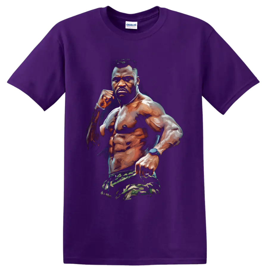 Francis Ngannou painted MMA fighter portrait with raised fist and camouflage shorts on a Purple T Shirt