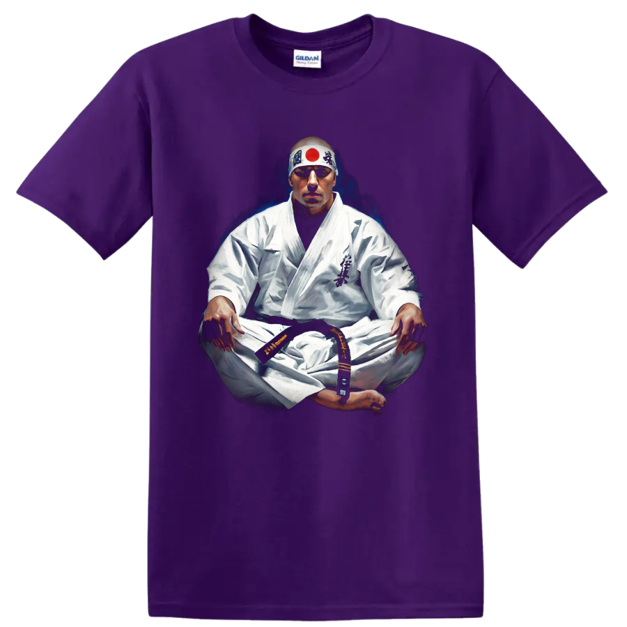 Masutatsu Oyama seated in meditation, painterly Kyokushin karate portrait on a Purple T Shirt