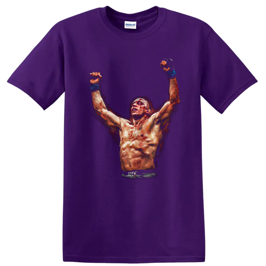 Georges St-Pierre inspired painterly MMA fighter raising blue-gloved fists on a Purple T Shirt