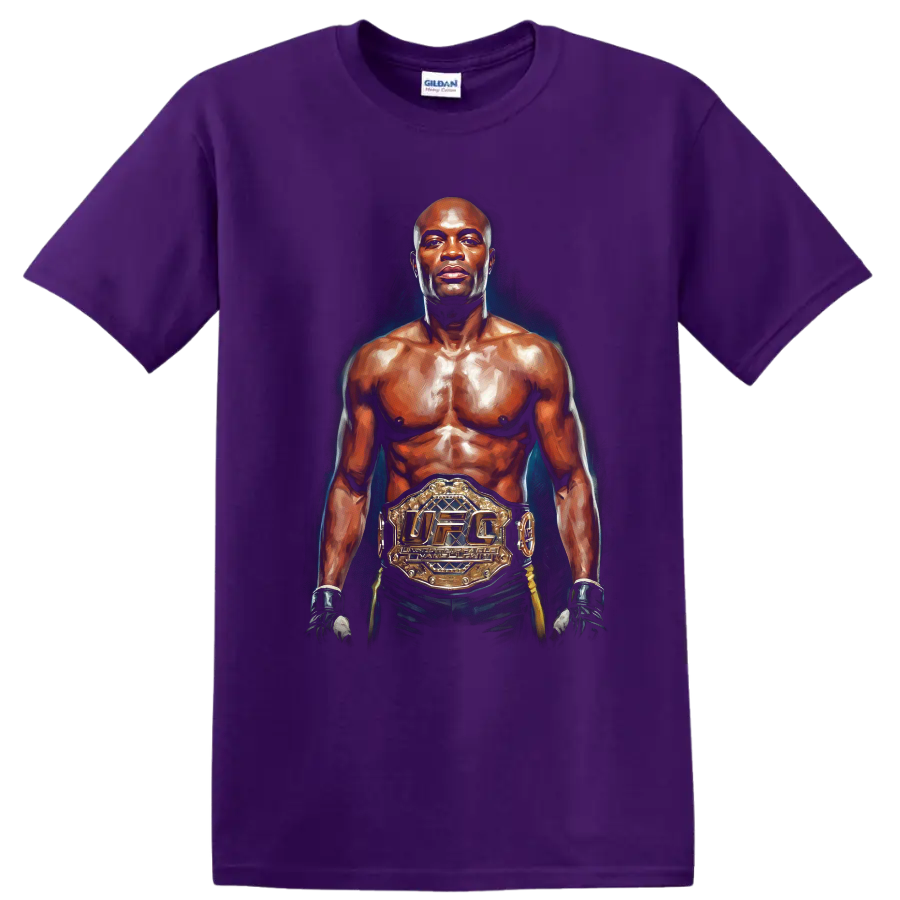 Anderson Silva painterly UFC champion portrait with gloves and gold title belt on a Purple T Shirt