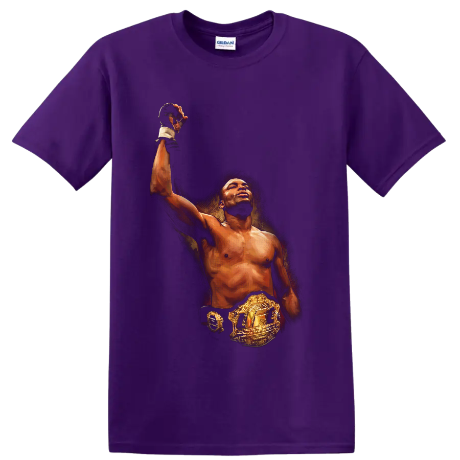 Kevin Randleman painterly MMA portrait raising a gloved hand with championship belt on a Purple T Shirt