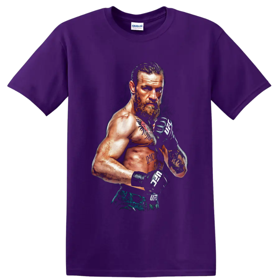 Conor McGregor tattooed MMA fighter portrait in a guarded stance with combat gloves on a Purple T Shirt