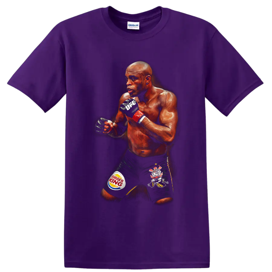 Anderson Silva MMA fighter in a dramatic painterly guarded fighting stance on a Purple T Shirt