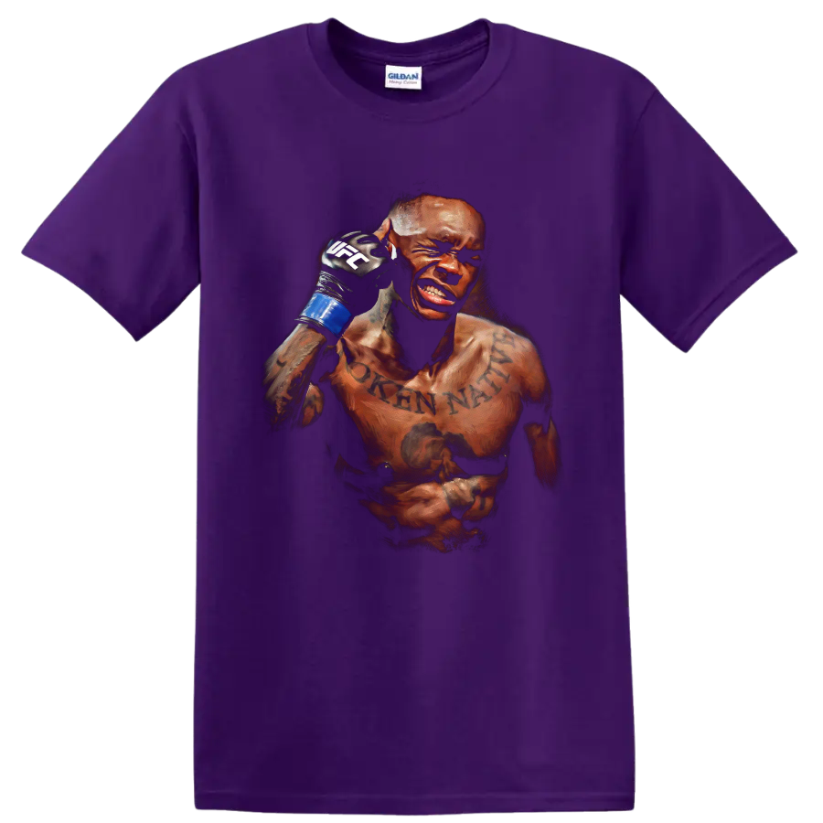 Israel Adesanya intense painted MMA fighter portrait with raised blue glove on a Purple T Shirt