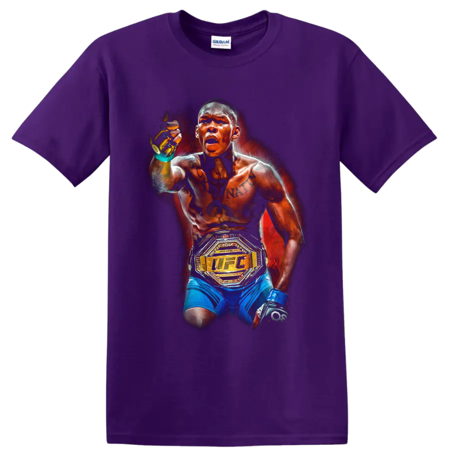 Israel Adesanya painted MMA portrait with UFC championship belt on a Purple T Shirt