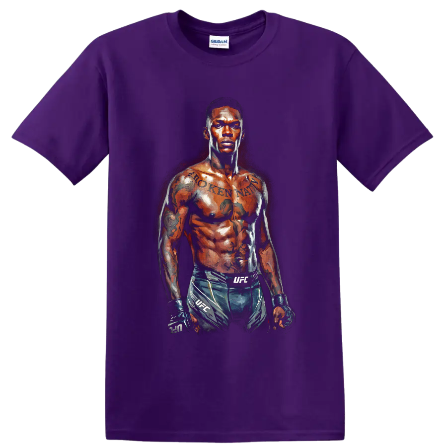 Israel Adesanya painterly MMA fighter portrait wearing gloves and fight shorts on a Purple T Shirt