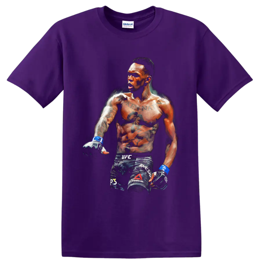 Israel Adesanya MMA fighter portrait in dramatic painterly fight-art style on a Purple T Shirt