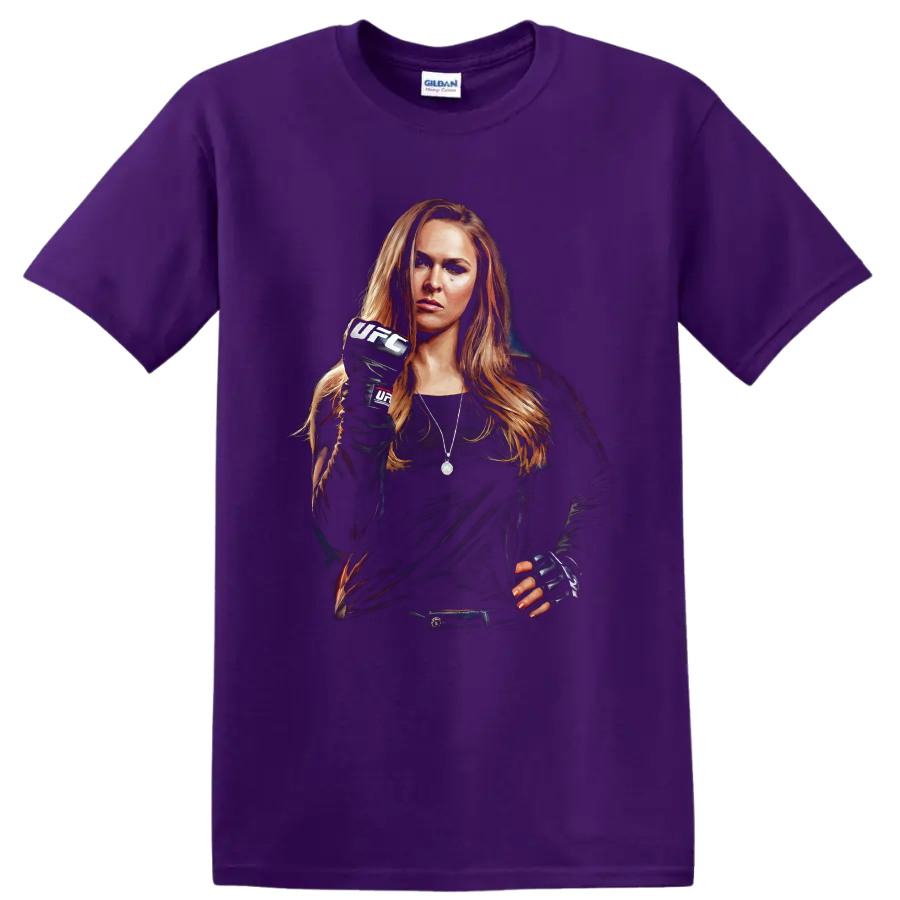Ronda Rousey MMA fighter portrait in UFC gloves with a raised fist on a Purple T Shirt