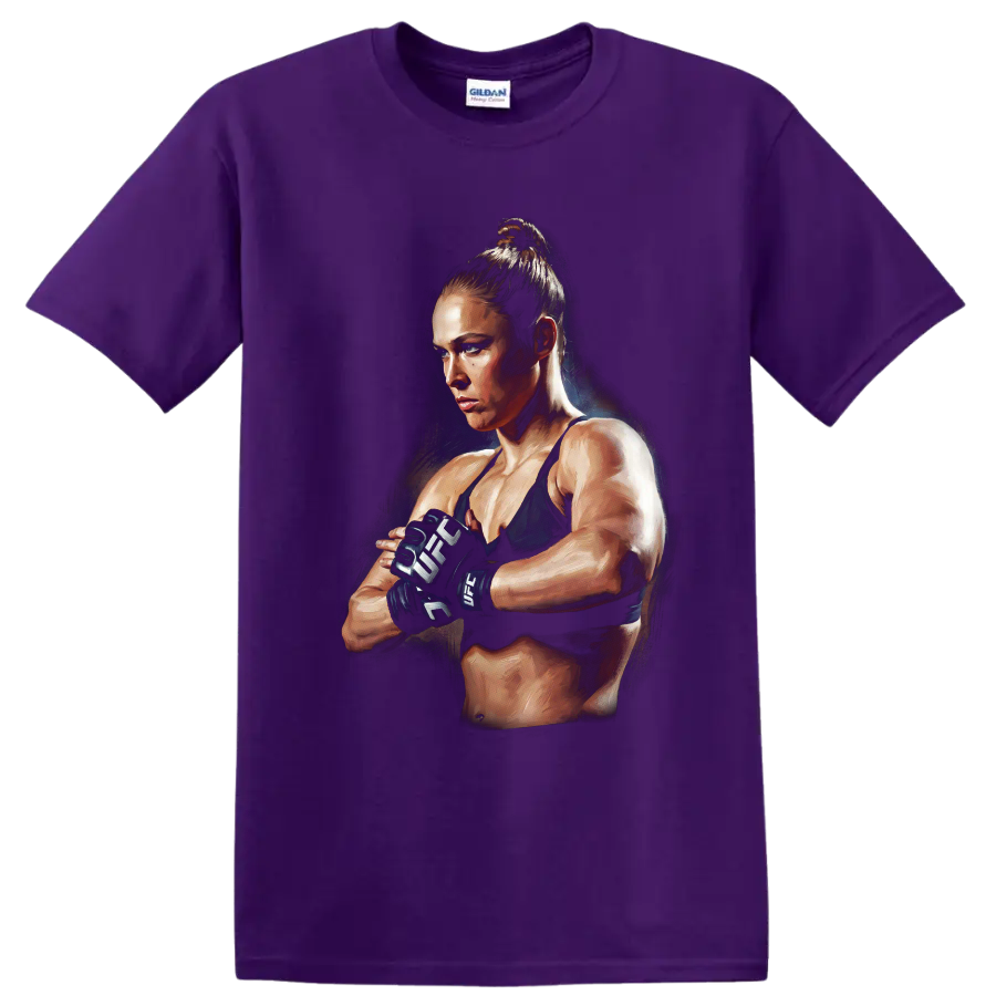 Ronda Rousey MMA fighter in gloves with a dramatic painterly portrait style on a Purple T Shirt