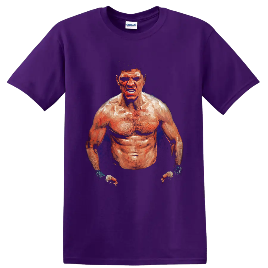 Nick Diaz fierce painted MMA fighter portrait with taped hands and blue accents on a Purple T Shirt