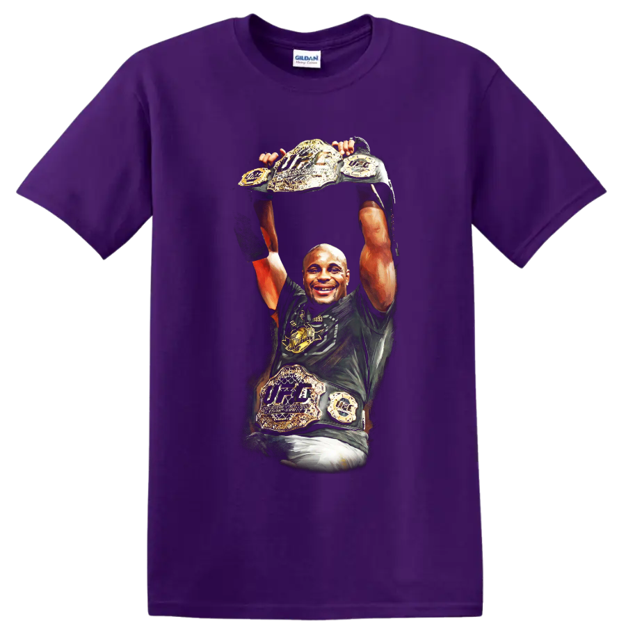 Daniel Cormier illustrated raising UFC championship belts in a triumphant victory pose on a Purple T Shirt