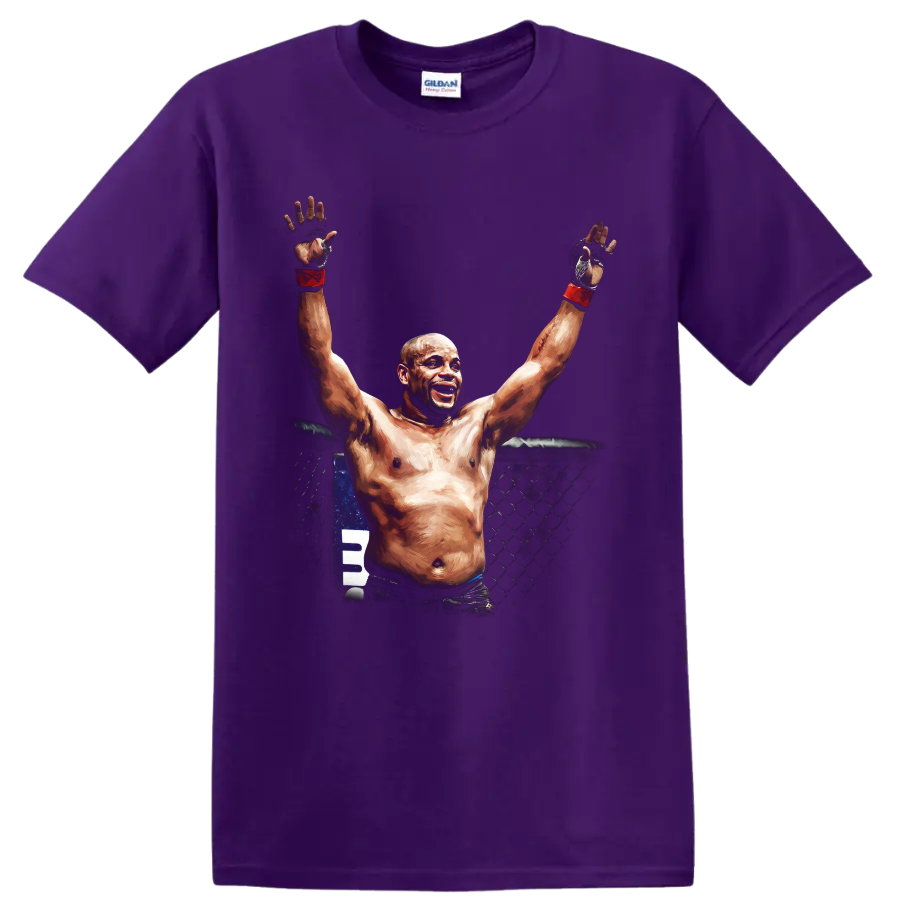 Anderson Silva-style MMA fighter raising gloved hands in a painterly cage victory scene on a Purple T Shirt